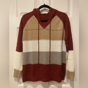 Maroon/white/beige striped, hooded sweater